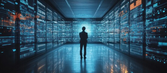 A silhouetted figure stands before a wall of digital data displays in a tech environment.