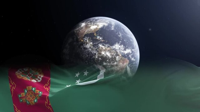 Turkmenistan flag - 3D realistic waving flag on Earth globe