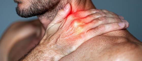 Naklejka premium A man closely touches his neck with one hand, while holding the other hand in front of him