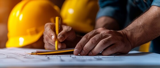  A person tightly focuses on writing on a paper with a pencil A yellow hard hat sits prominently in the background