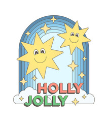 Happy star characters in blue sky retro cartoon design, Christmas holidays isolated decorative element, night sky with yellow stars ilustration, holly jolly vintage text