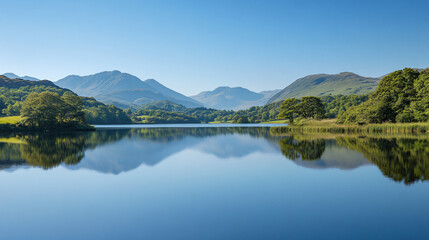 Naklejka premium A tranquil lake reflecting the surrounding mountains and clear blue sky.