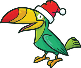 Funny and cute parrot bird cartoon character wearing santa's hat celebrating christmas