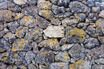 Imagem de fundo natural formada por um muro de pedras vulcânicas com líquenes. 