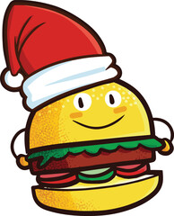 Cute and funny hamburger cartoon character wearing santa's hat celebrating christmas