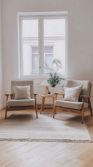 Fototapeta premium Two beige armchairs with wooden frames and cushions facing each other in a minimalist living room with a white rug, a small wooden table with a lamp and a vase of plants