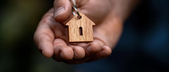 Fototapeta premium A person holds a wooden house-shaped keychain in their hand