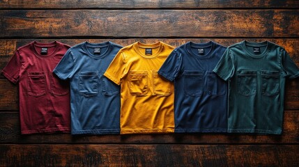 Five t-shirts in different colors with a pocket on the front, laid out on a wooden surface.