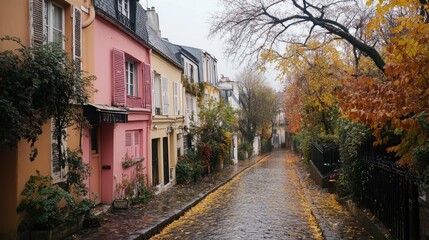 Fototapeta premium Colorful Autumn Street in a Parisian Neighborhood