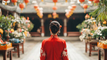 Fototapeta premium woman in red qipao stands gracefully in vibrant garden adorned with lanterns and flowers, embodying cultural elegance and tradition