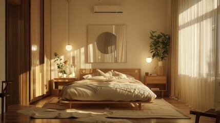 A cozy zen Scandinavian bedroom featuring a double bed with a minimalist headboard, bedside tables