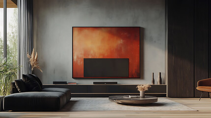 A modern living room with a large flat screen TV, a black leather sofa, a coffee table, a painting on the wall, and a large window with a view of nature.