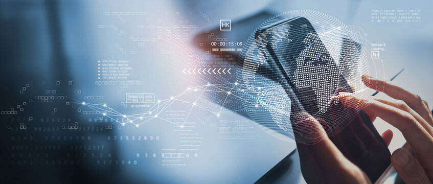 Internet global network and data science concept. Digital transformation. Using smart phone with internet network connection technology and data exchange, IoT Internet of Things