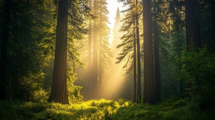 Obraz premium Enchanting Light Beams Through Majestic Redwood Forest, Illuminating Lush Greenery and Creating a Serene Atmosphere in Nature's Tranquil Haven
