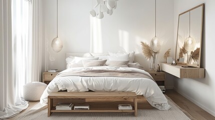 A cozy zen Scandinavian bedroom featuring a double bed with a minimalist headboard, bedside tables