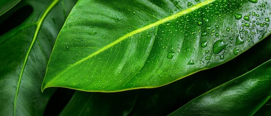  Close-up of a large green leaf against a black backdrop, adorned with water droplets