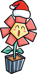 Cute and funny pink yellow flower cartoon character wearing santa's hat celebrating christmas
