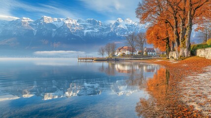 Obraz premium Serene Lake View with Autumn Colors and Mountain Reflections