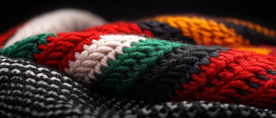  A tight cropped shot of multihued crocheted blankets stacked on a black background