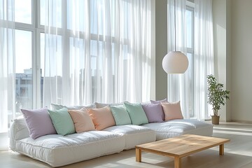 Fototapeta premium Minimalist, contemporary Scandinavian interiors in the living room with ceiling lights and sofas. Generative AI 