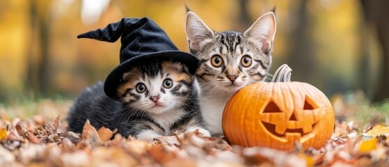  A couple of kittens sit next to each other by a jack-o-lantern