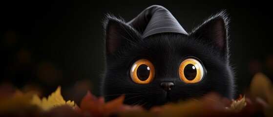  A black cat in close-up, wearing a hat, against a black backdrop dotted with leaves