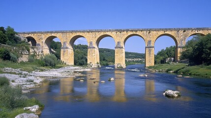 Fototapeta premium Historic Bridge Over Serene River Landscape