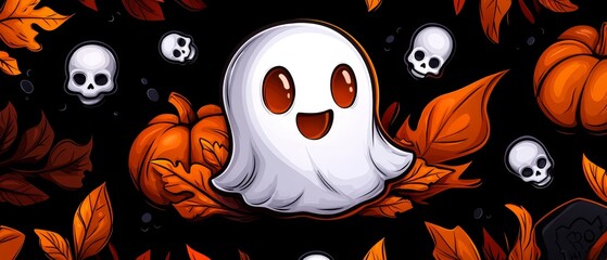 Fototapeta premium A white specter encircled by pumpkins and skulls against a black backdrop Oranges leaves and additional skulls populated the background