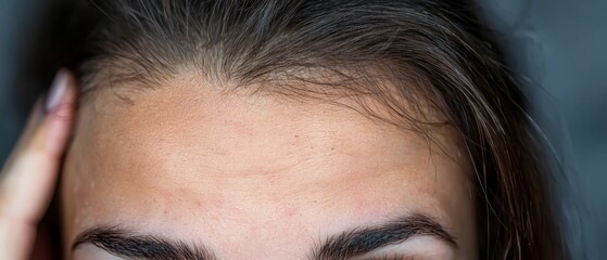 Fototapeta premium A tight shot of a woman's face featuring an unruly hairline at the forehead