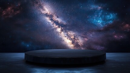 A simple black cylinder podium against a stunning background of space nebulae