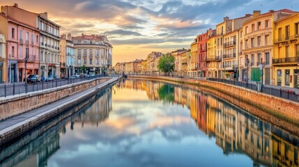 Obraz premium Serene Canal Reflection at Sunset in Colorful Cityscape