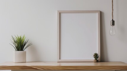 A minimalist desk setup with white walls and wooden accents. The desk has a blank picture frame and a single decorative item. Bright
