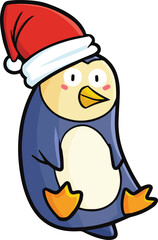 Cute and funny purple penguin penguin cartoon character wearing santa's hat celebrating christmas