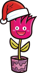 Cute and funny red flower cartoon character wearing santa's hat celebrating christmas