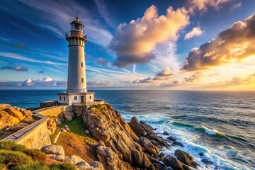Naklejka premium A majestic lighthouse stands tall on a rocky coastline overlooking the sea, shore, lighthouse, ocean