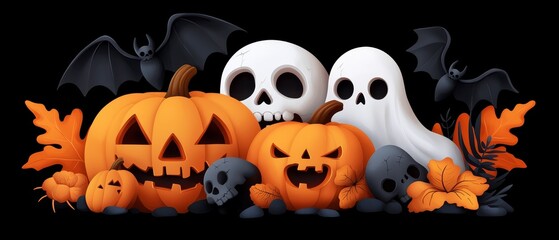  A cluster of Halloween pumpkins adjacent to two jack-o-lantern heads and some bats