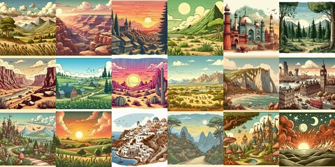 Cartoon landscapes. AI generated illustration
