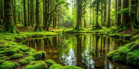 Obraz premium A lush forest with tall trees and a carpet of green moss, surrounded by a tranquil pond, foliage, wilderness, outdoors