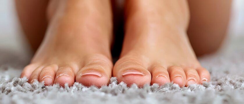  A tight shot of unclad feet on a pristine white carpet, against a backdrop of an untainted white rug