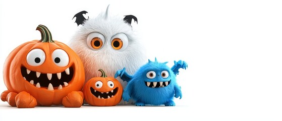 Fototapeta premium A collection of plush toys assembled beside one another against a pristine white backdrop Among them, a monster and a pumpkin are present