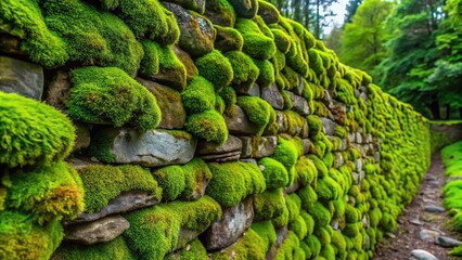 A lush carpet of vibrant green moss covering a weathered stone wall, landscaping, exterior