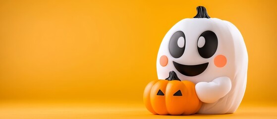 Obraz premium Two pumpkins atop a yellow surface, accompanied by a ghost