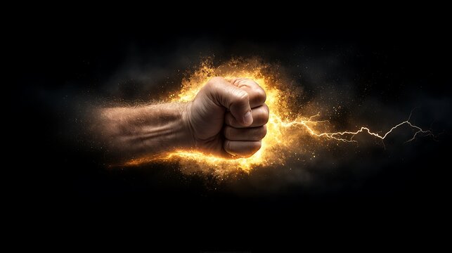 A powerful image of a clenched fist raised in anger, with the backdrop of a stormy sky, representing the turmoil of emotions. The lightening illuminating the fist creates a dramatic effect, 