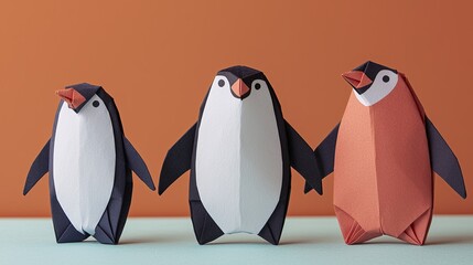 Obraz premium Three colorful paper penguins stand together, showcasing creative craftsmanship against a warm orange background.