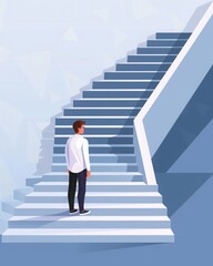 Businessman standing in front of the stairs and looking at them, journey towards success and growth, business start concept. MZ