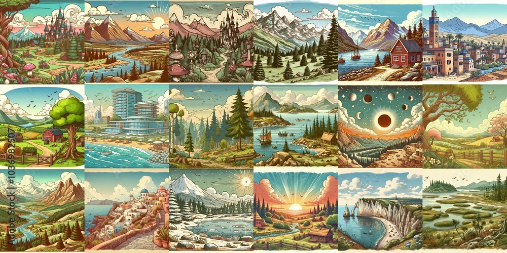 Wall mural cartoon landscapes. ai generated illustration