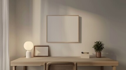 A minimalist home office with white walls and a wooden desk. A blank picture frame stands alongside a single, stylish desk mat. Gentle