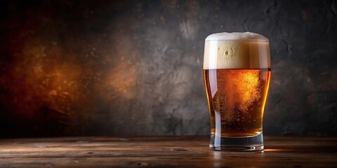 A foamy head sits atop a glass of amber liquid, with condensation beading on the outside of the glass, cold brew, pint glass, draft beer