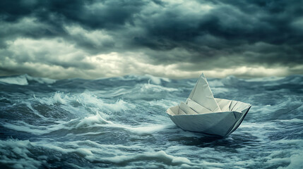Obraz premium A small paper boat floats on a stormy sea, symbolizing fragility and resilience.