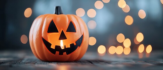 Naklejka premium A Jack O' Lantern atop a table against a hazy backdrop of twinkling lights